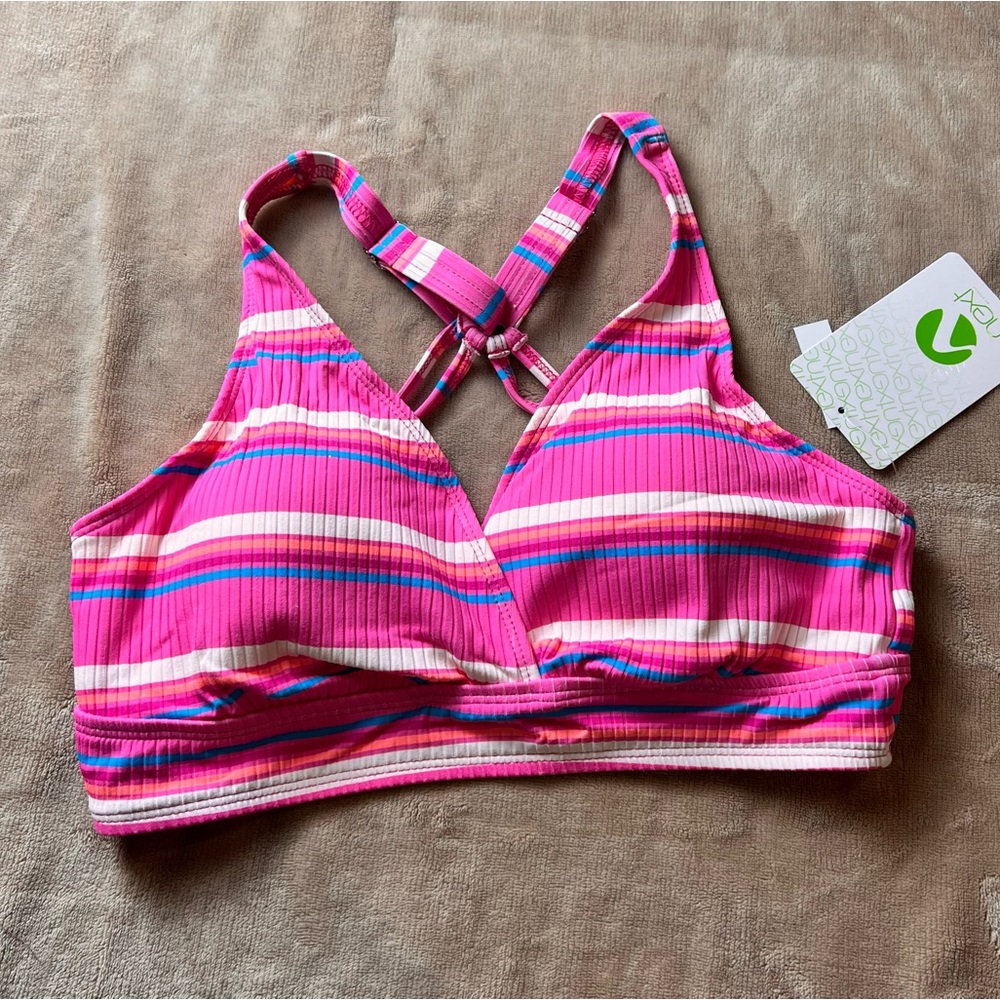NEXT Pink and White Racerback Sports Bra Bikini w Striped Print - Size 34 D